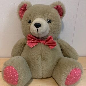 Vintage  Teddy Bear with Pink Polka Dot Accents - Soft Grey Stuffed Toy